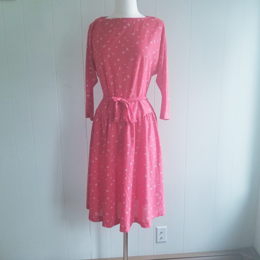 Vintage Pink Midi Dress with Tiny White Floral Print